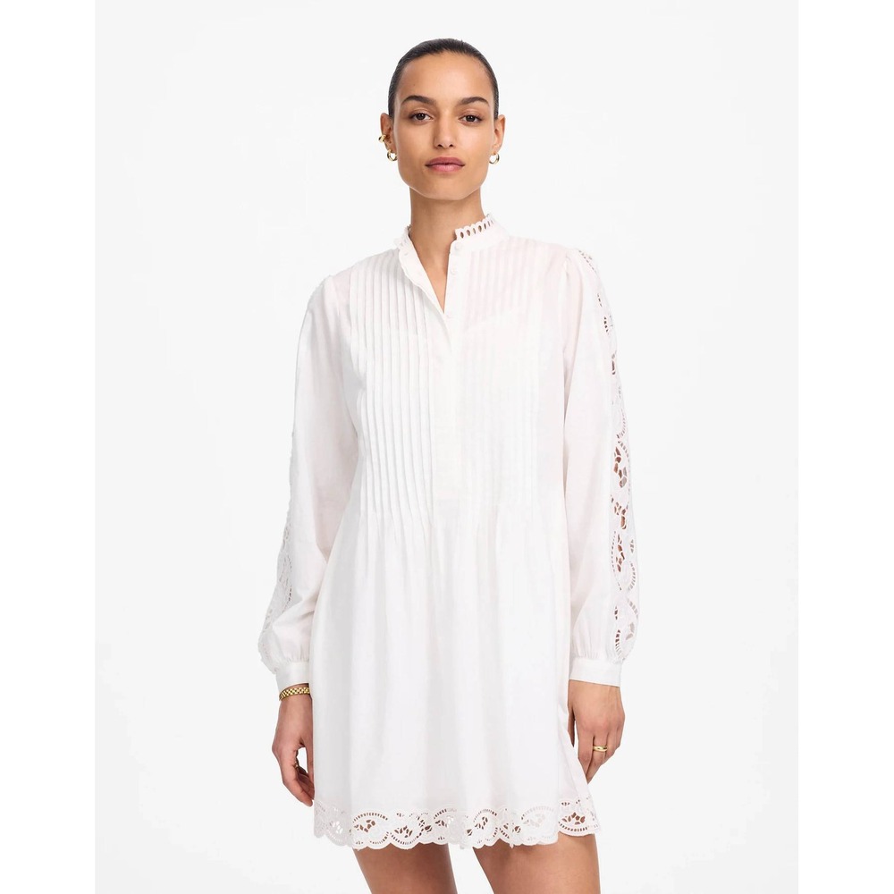 Madewell Pintucked Eyelet Mini Dress Lace Womens Large White Long Sleeve NU568‎